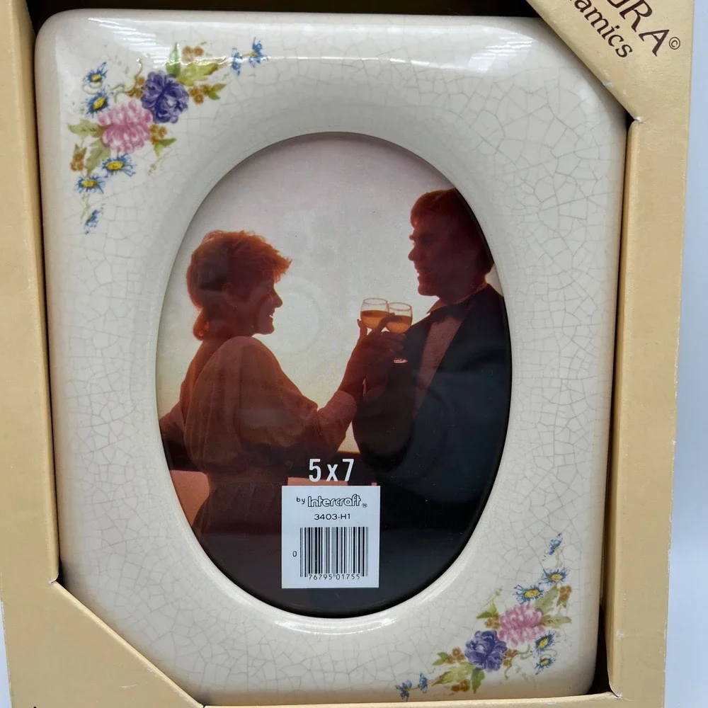 Vintage 80s Allura Ceramics Intercraft 5x7 Picture Frame Floral Crackle Glaze